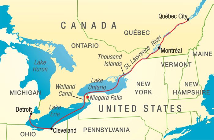 The Great Lakes and St. Lawrence River superimposed on a map of Europe, and othe
