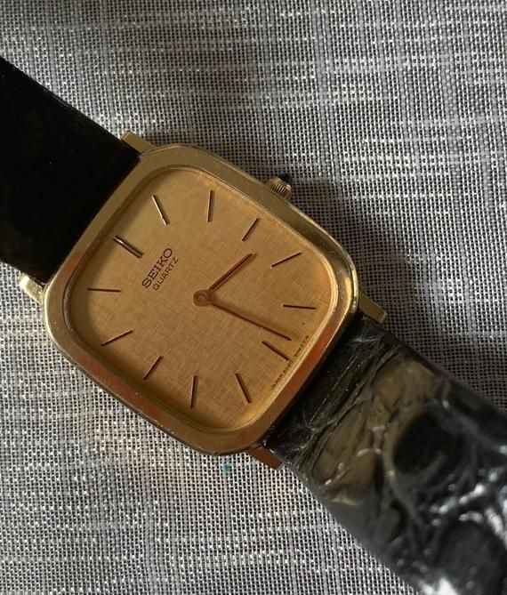 Vintage Men's Gold Face Square Seiko Leather Strap Watch | Etsy | Gold