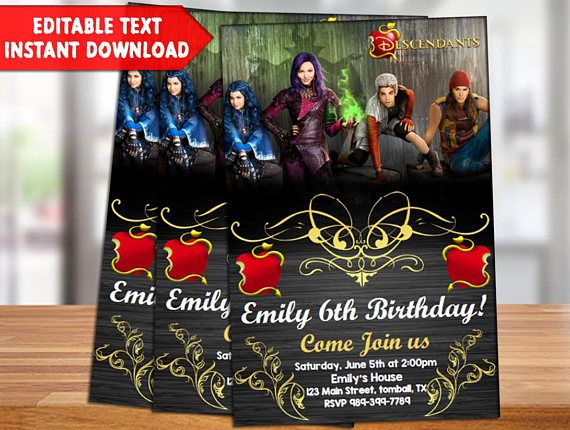 Instantly download, edit and print this Descendants Invitation. Our DIY editable PDF template(s) are easy to edit and print yourself with Adobe Reader (download is free). You simply copy the fonts that we already provide then you can add your own wording then print from home, local print
