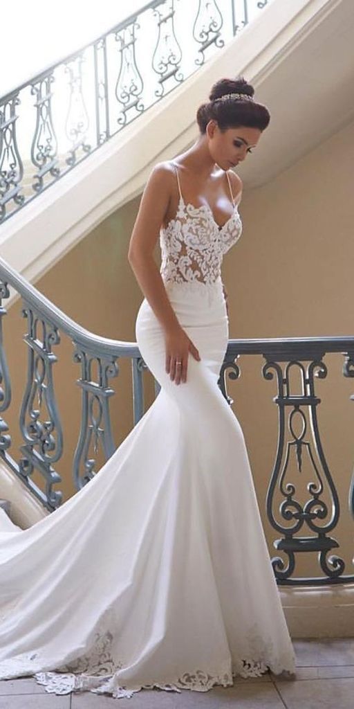 Mermaid Ivory Spaghetti Straps V Neck Wedding Dresses Lace Satin Bridal Dresses … Mermaid Ivory Spaghetti Straps V Neck Wedding Dresses Lace Satin Bridal Dresses …