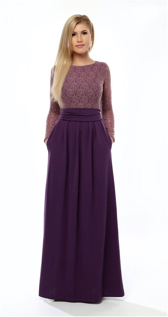 Plum Top Lace Dark Purple Dress Round Neckline Long Sleeves Plum Top Lace Dark Purple Dress Round Neckline Long Sleeves Pockets Sash