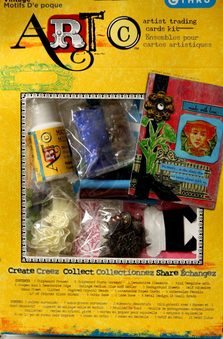 This is a Art C Vintage Artist Trading Cards Kit. This kit contains 5 chipboard frames, 8 chipboard photo corners, 2 decorative elements, mini template with 8 shapes and 1 decorative edge, collage med