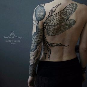Dragonfly tattoo by Ruslan and Tonya Abusev. #largescale #sacredgeometry #insect...