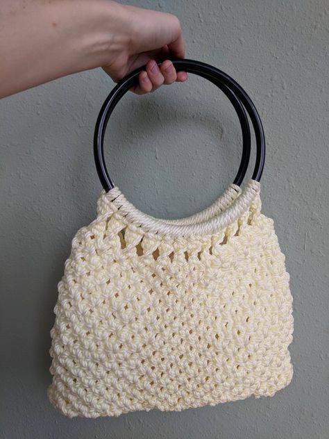 Vintage 1970/'s Handmade White Macrame Woven Handbag