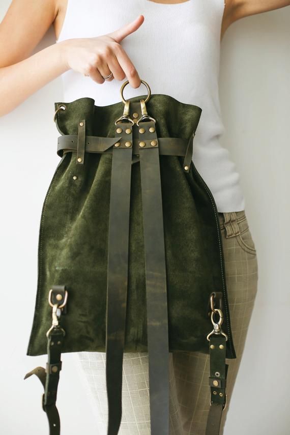 Green Leather Bag, Suede Backpack, Vintage Backpack, Convertible Backpack