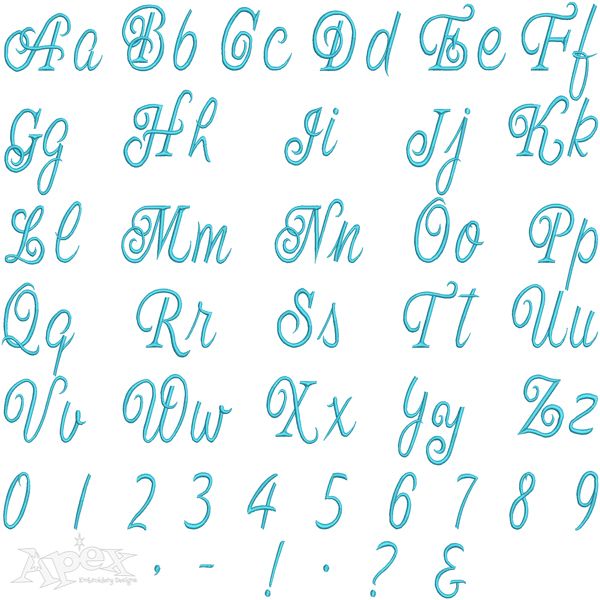 COLA FONT Spencerian script Embroidery Design embroidery fonts 1 1.5 and 2 inch upper and lower case and numbers for each #559s
