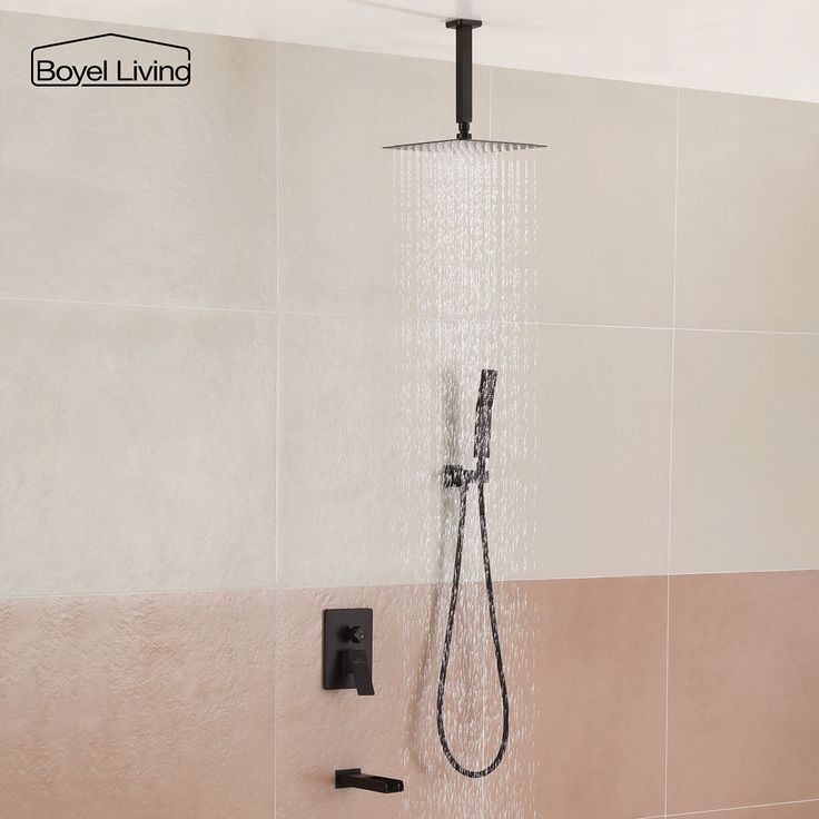 10 In Ceiling Mounted Rain Shower System With Tub Spout And Handheld Matte Black Boyel Living 2022 Rainfall Head Rainfall Shower Ceiling Head, Ceiling Mounted Shower Head System