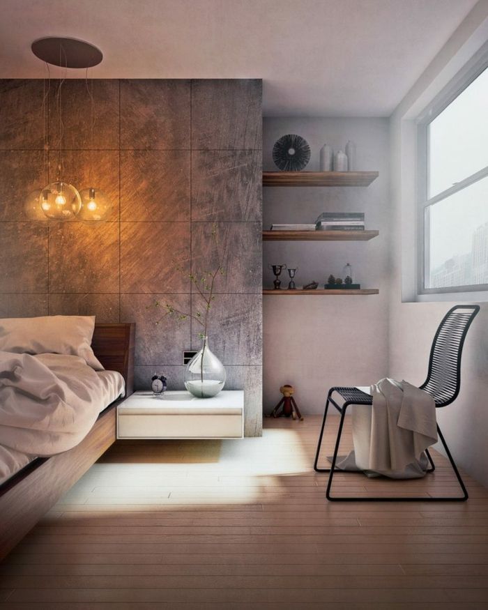 Colores Para Habitaciones Dormitorio Moderno Con Tarima Panel De Baldosas Grises Long Floating Shelves Floating Shelves Bedroom Floating Shelves Living Room