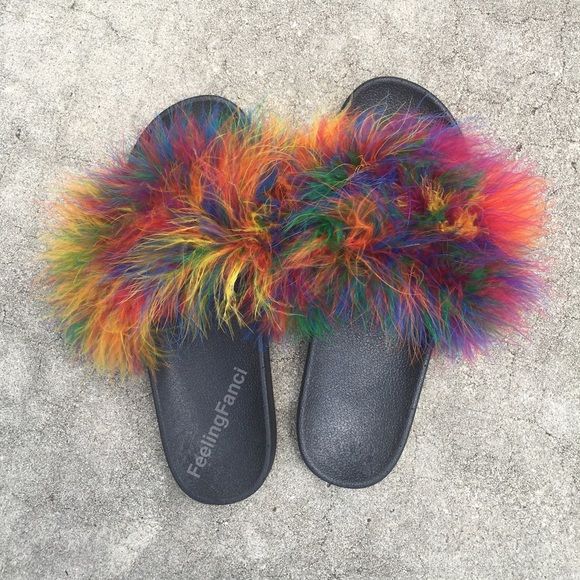 rainbow color faux fur slides nwt in 2018 my posh closet fur