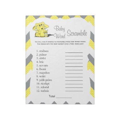 Yellow & Gray Elephant Baby Shower Word Game 2 Notepad - pattern sample design template diy cyo customize