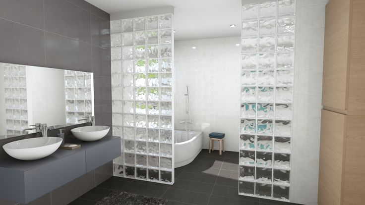 Salle de bain grise avec pavés de verre Intérieurs maisons 3D - logiciel pour plan de maison gratuit et facile Salle de bain grise avec pavés de verre Intérieurs maisons 3D - logiciel pour plan de maison gratuit et facile