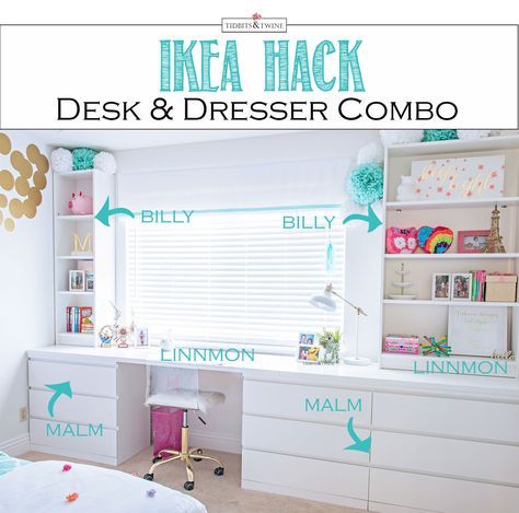 An easy IKEA hack to create a custom desk and dresser built-in using MALM, LINNMON and BILLY pieces!