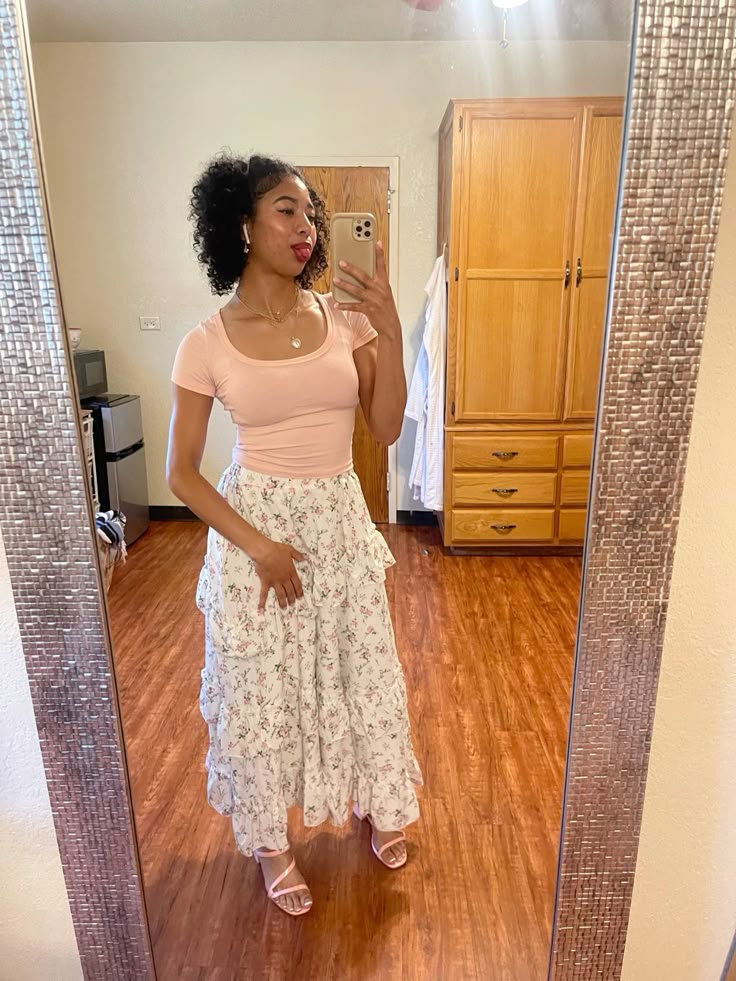 Pink Floral Maxi Skirt with Pink T-Shirt