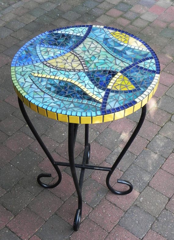 Stained Gl Mosaic Coffee Table Side Plant Stand Small Stained Gl Mosaic Coffee Table Side Plant Stand Small Stylish Blue And Yellow On The Wrought Iron Base Mosaics Tiles Tables N Tops
