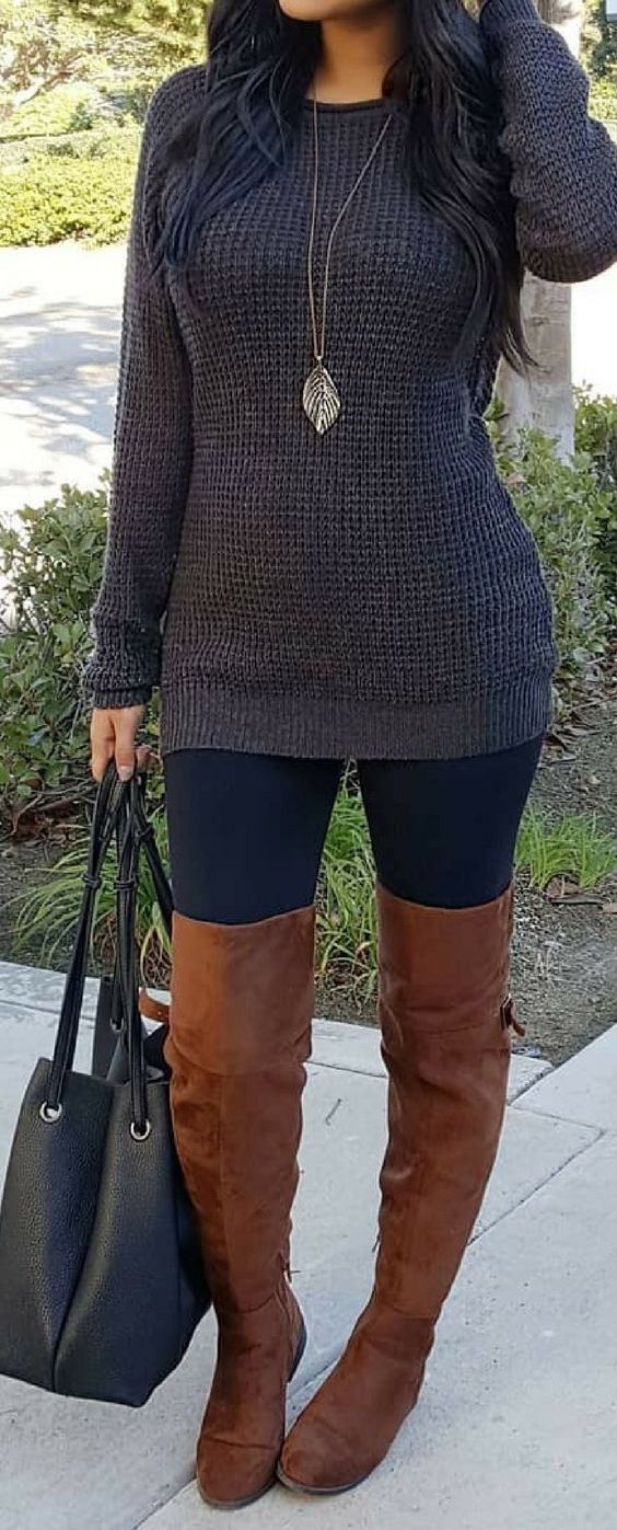 Winter Outfits Dark Gray Sweater OTK Boots Winter Outfits Dark Gray Sweater OTK Boots
