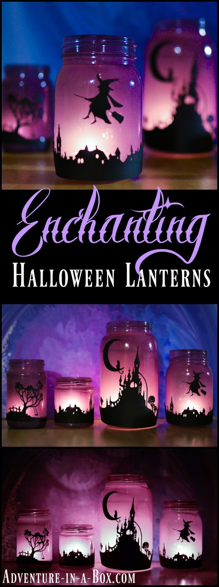 halloween jars with silhouettes and witches in them