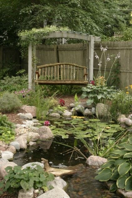 love the swing and the pond and everything ponds backyard pond landscaping backyard garden
