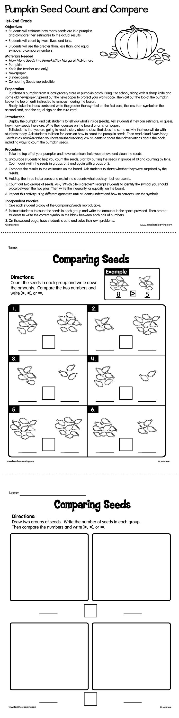 worksheet Greater Or Less Than 72 best greater thanless thsn images on pinterest math lakeshores festive lesson plan uses a real pumpkin and seeds to get kids hands on