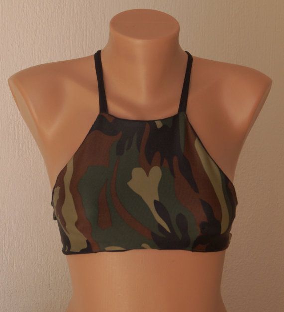 BS1210 PADDED..Camo High neck halter bikini top-Bathing suit-Yoga top-Yoga tank ...