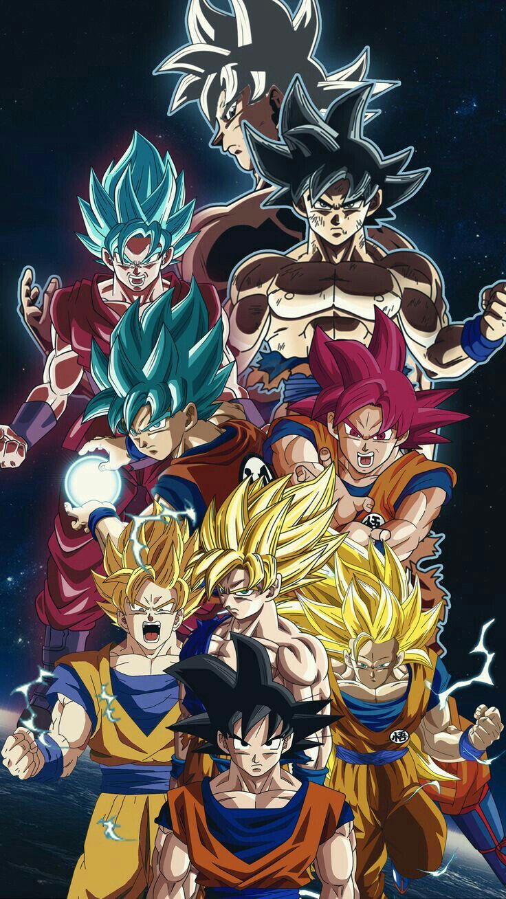 the dragon ball characters are posing together in front of a dark background with stars and clouds