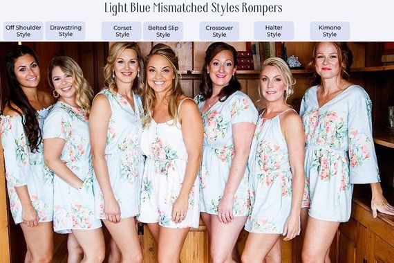 Bridal Party Rompers Bridesmaid Rompers Dreamy Angel Song pattern Bridesmaids Gifts Light Blue Belted Slip Style Rompers