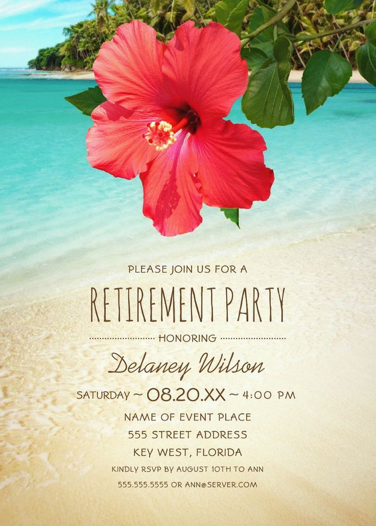 Tropical Beach Hawaiian Retirement Party Invitations Hibiscus Palm Tree