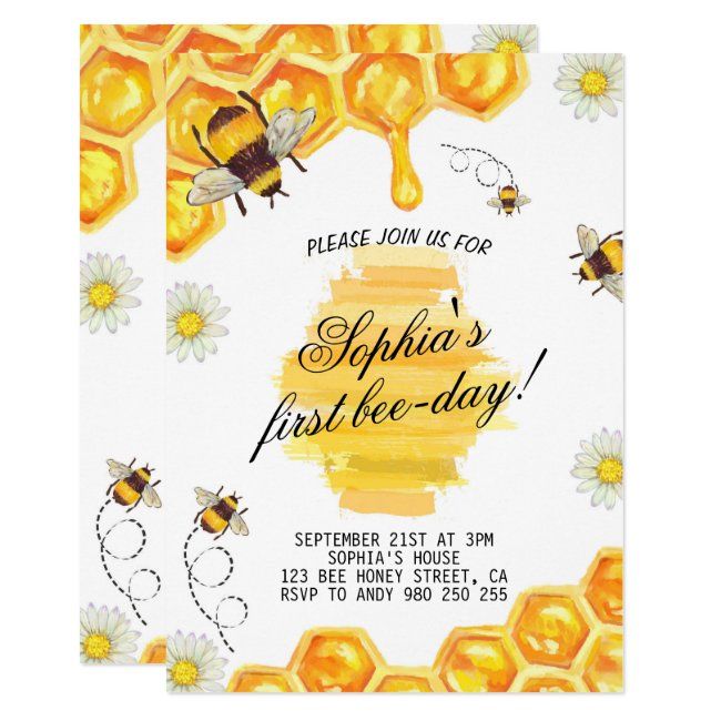 First BeeDay Bee Honey Bee 1st Birthday Party Invitation