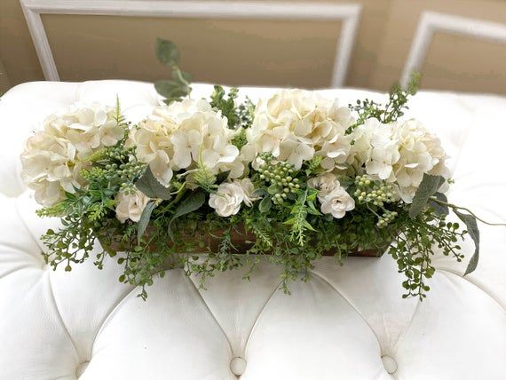 Farmhouse Hydrangea Centerpiece With Greenery Silk Flower Etsy Dining Room Table Centerpieces Kitchen Island Centerpiece Hydrangea Centerpiece