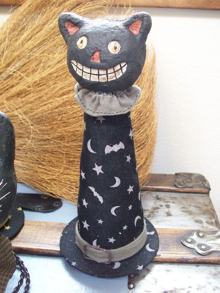 nwt black cat head on black witch hat rustic paper mache halloween decoration