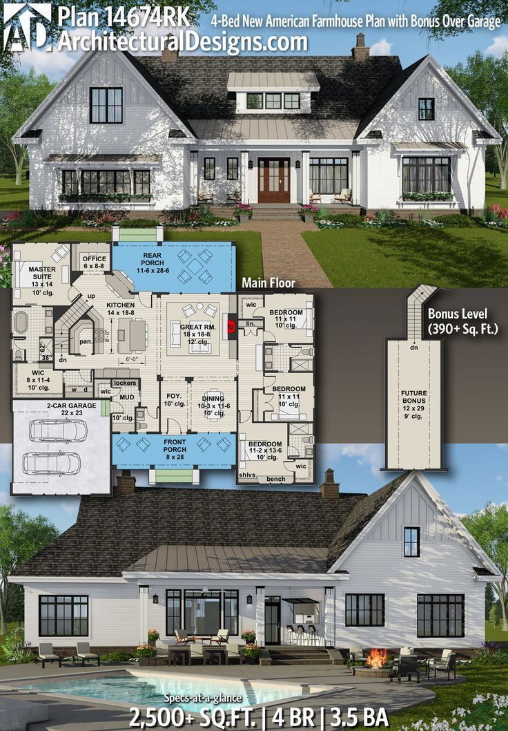 Plan 14674RK: 4-Bed New American Farmhouse Plan with Bonus Over Garage This stun...