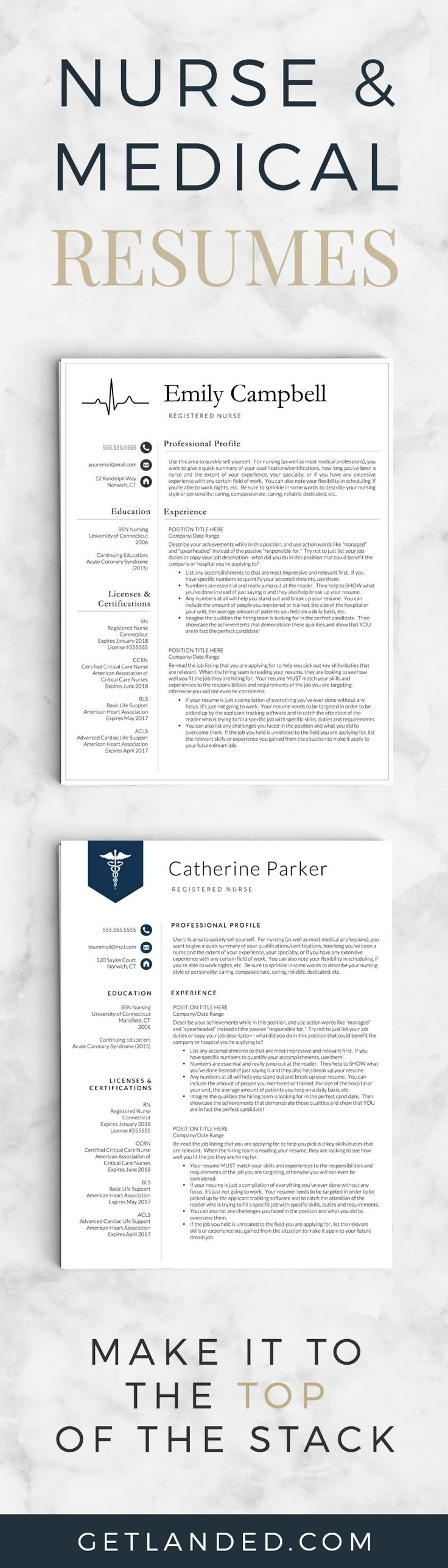 the medical resume template for nurses is shown in two different colors and font, along with an