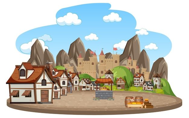 Pueblo medieval con fondo de castillo