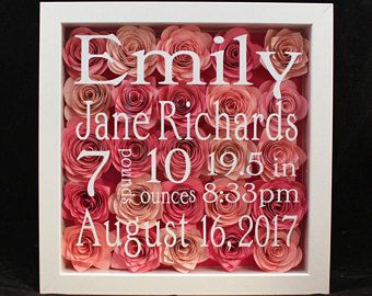 Personalized Baby Shadowbox, Birth Announcement, Handmade Flowers