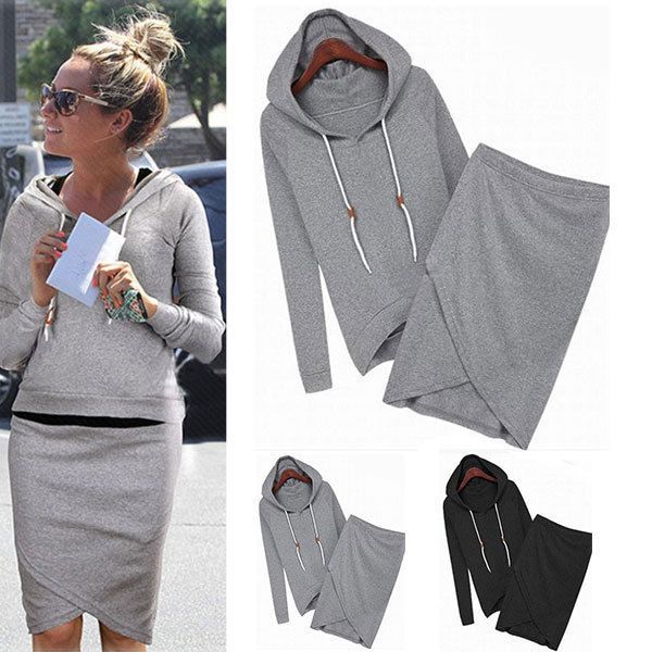 Women Sexy Long Sleeve Hoodies Solid Pencil Midi Skirt Two Piece Set Party Dress