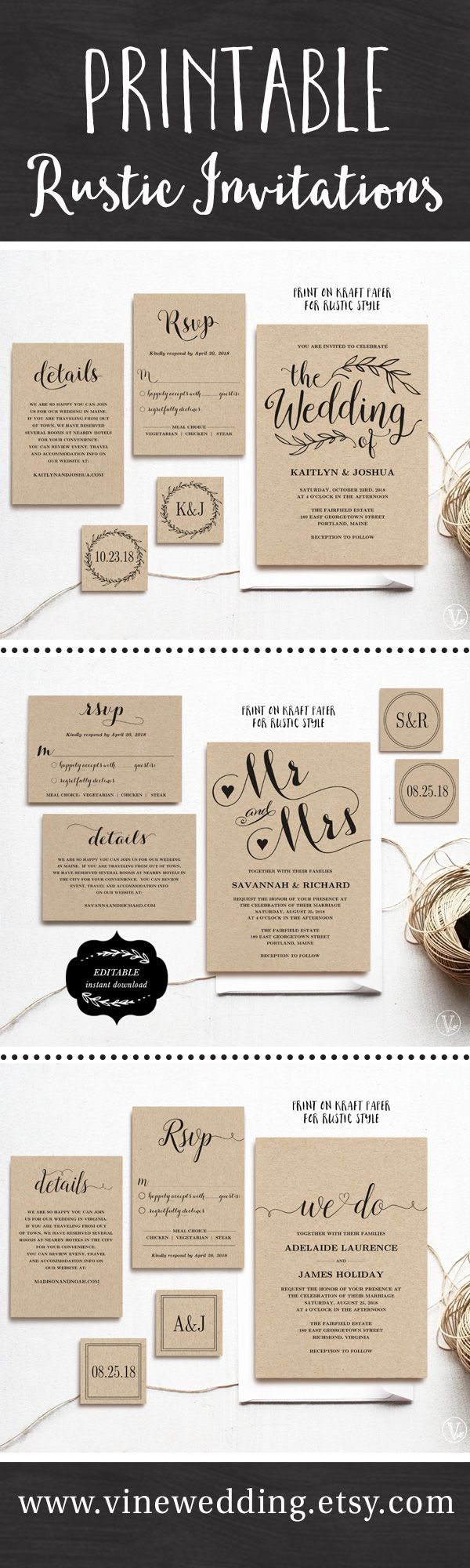 Beautiful rustic wedding invitations. Editable instant download templates you can print as many as you need. #wedding #invitations #vinewedding