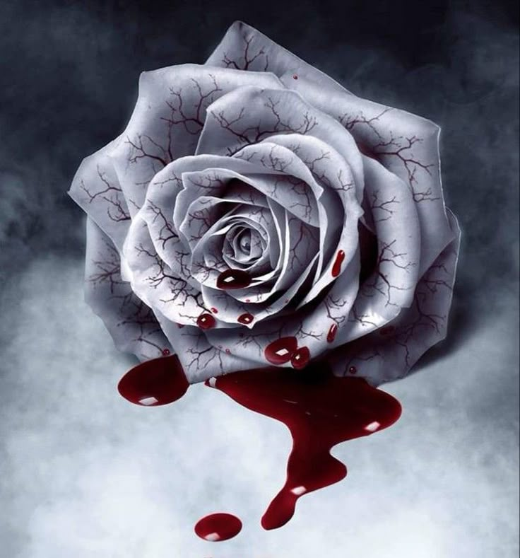 a white rose with blood running down it