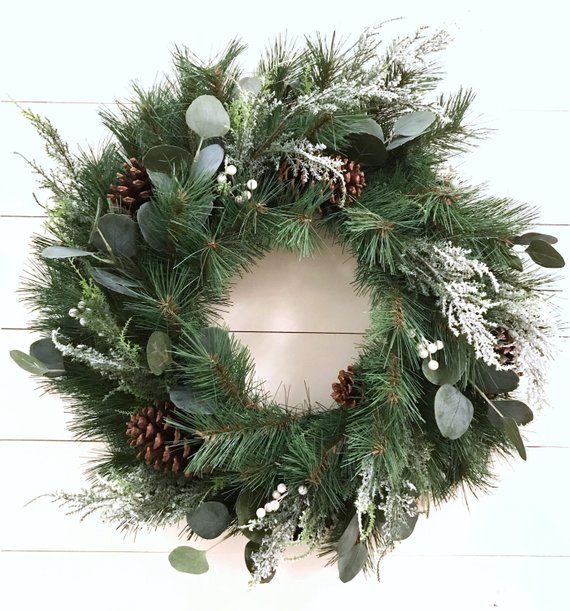 Pinecones Eucalyptus Leaves Holiday Front Door Wreath Simple Christmas Wreath Winter Wreath with Green Pine Needles and White Accents