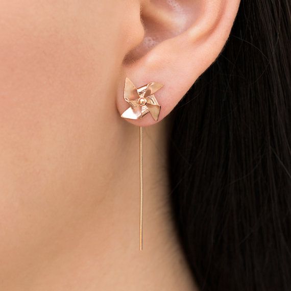 Rose gold earrings, pinwheel earrings, , solid sterling silver threader earrings...