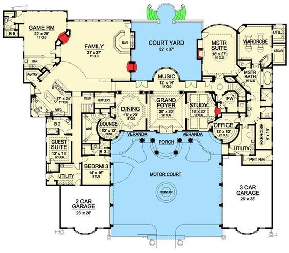Plan 36183TX - Palatial Estate Of Your Own.. Main level From the stucco exterior and tile roof, to the striking drive-up grandeur of this impressive residence, you will be amazed at this architectural masterpiece.