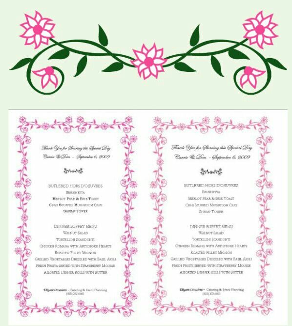 Floral border on a menu for a wedding reception, created from the 'Renaissance' Microsoft Office