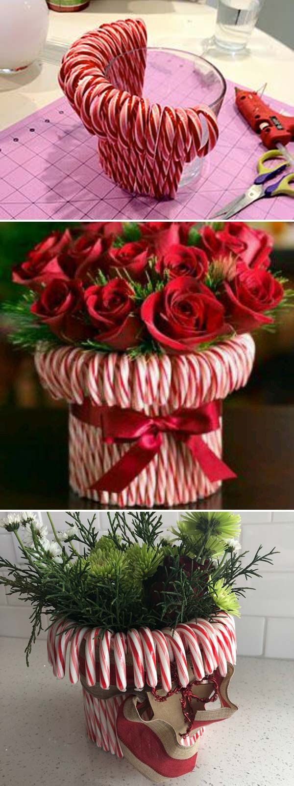 Stretch a rubber band around a vase, then stick in candy canes until you can’t...