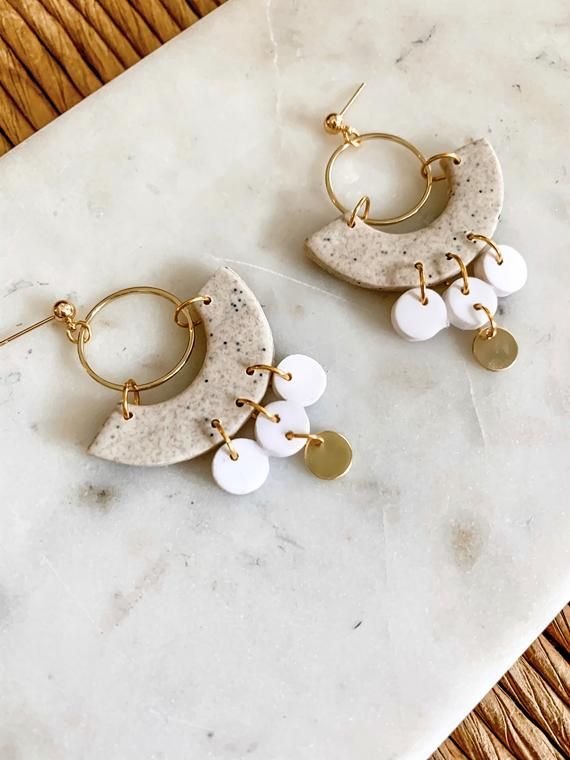 Grey Blue Bluestone and Brass Polymer Clay Earrings Handmade Polymer Clay Statement Earrings Contemporary Earrings Autumnal