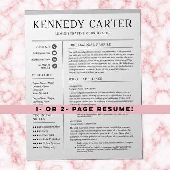 Kennedy Instant Download One Or Two Page Classic Resume Template