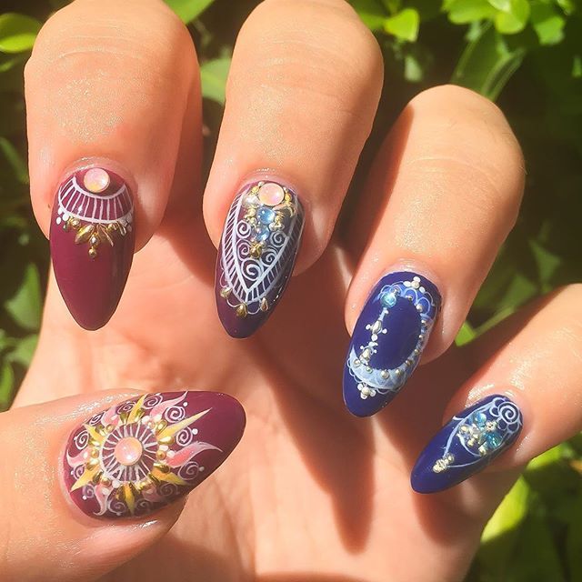 Finally Got To Do My Left Hand Sun And Moon Nails Hard Gel Overlay Finally got to do my left hand Sun and Moon nails hard gel overlay, hand painted designs using all @youngnailsinc gel with studs and new stone… - Finally Got To Do My Left Hand Sun And Moon Nails Hard Gel Overlay
