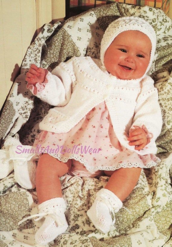 Vintage Knitting Pattern Knit Baby Girl 4 Pc Layette Set Matinee Jacket Mitts Bo...