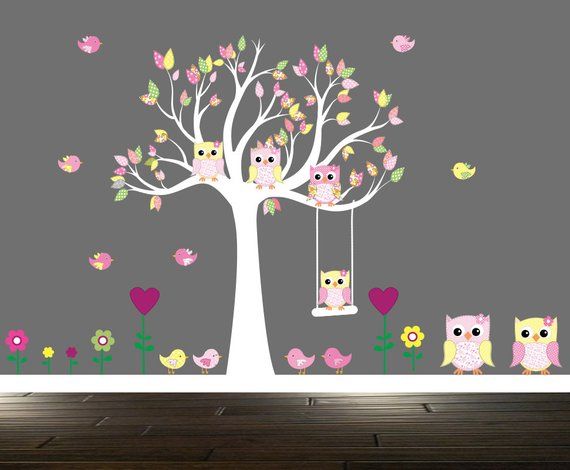 girls owl wall decal, nursery tree decals, vinyl wall art, tree wall