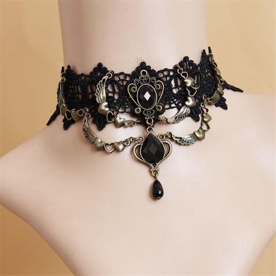 Retro Gothic Black Flower Lace Beaded Pendant Choker Necklace Women Jewelry Gift Retro Gothic Black Flower Lace Beaded Pendant Choker Necklace Women Jewelry Gift