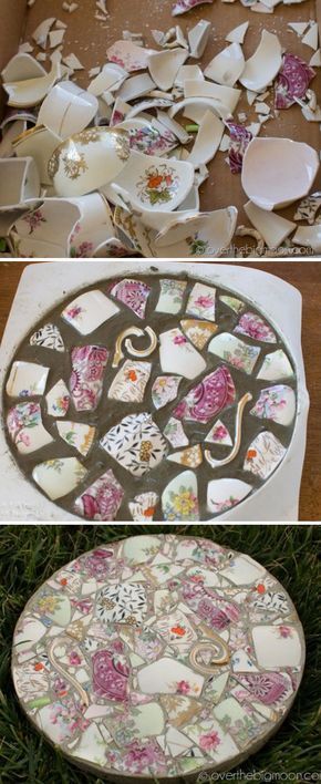 Geschirr-Mosaik, hier als Trittstein für den Garten Mehr