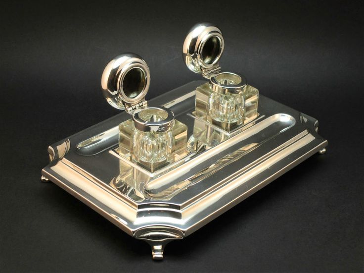 C1934 Antique Art Deco Solid Silver Double Inkstand 2 Inkwells Desk Standish Fountain Pen Ink Inkwell Antique Inkwells Fountain Pen Ink, Art Deco Inkwell Desk Set