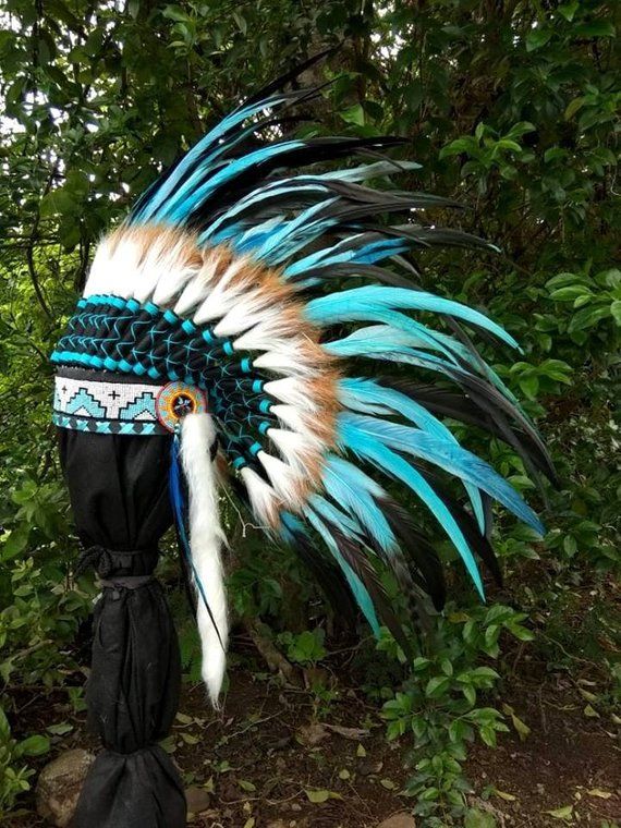 Indian American Style ADJUSTABLE Green with beads Mini Feather Headdress